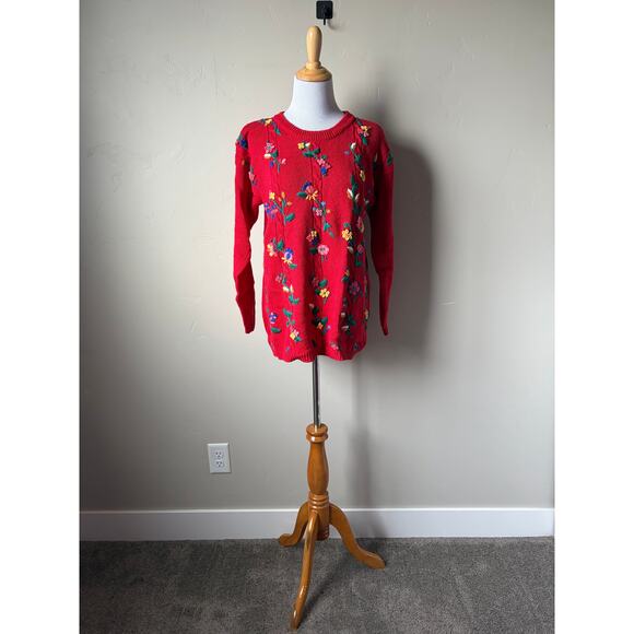 VTG Unique Marissa Christina Cottagecore Red Floral Embroidered Knit Sweater- M - Picture 9 of 10